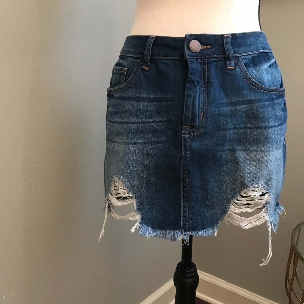 Refuge Distressed Blue Jean Mini Skirt
